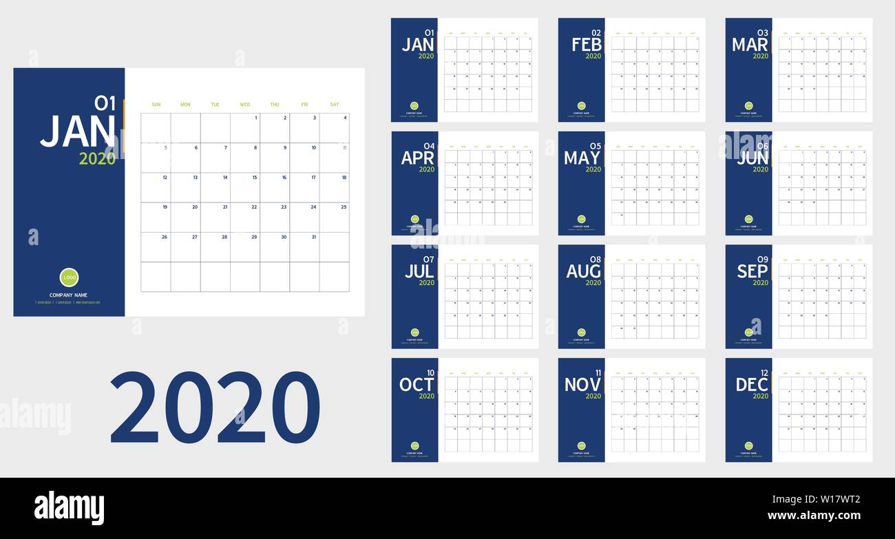 Vektor von 2020 neue Jahr Kalender in sauberen Minimale Tabelle einfachen Stil und blau-grüne Farbe, Holiday Event Planner, Woche beginnt Sonntag. gehören Urlaub eve Stock Vektor