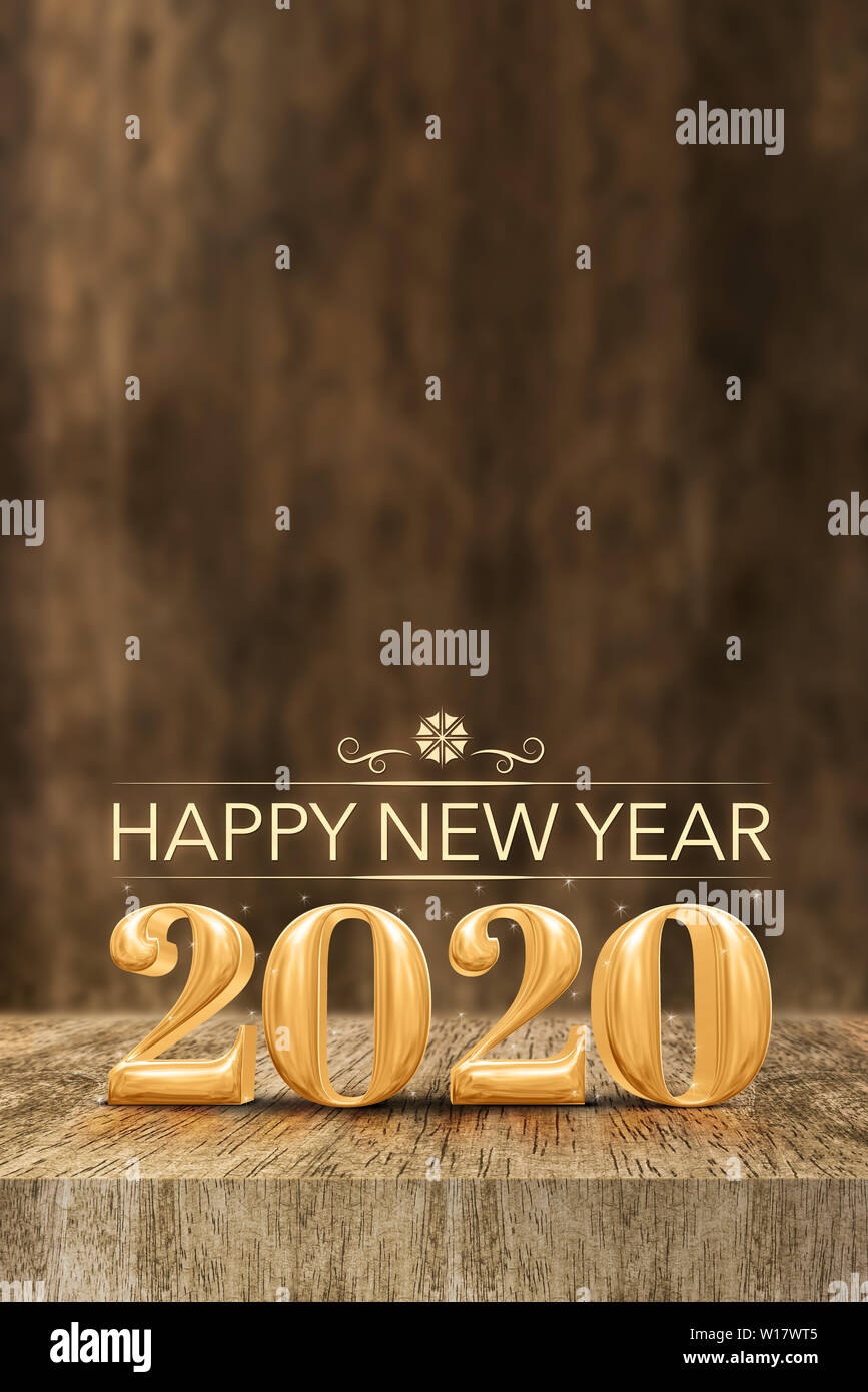 Frohes neues Jahr 2020 an den hölzernen Block Tabelle und Unschärfe Holz Wand, vertikale banner Urlaub Grußkarte für soziale Medien (3D-Rendering) Stockfoto