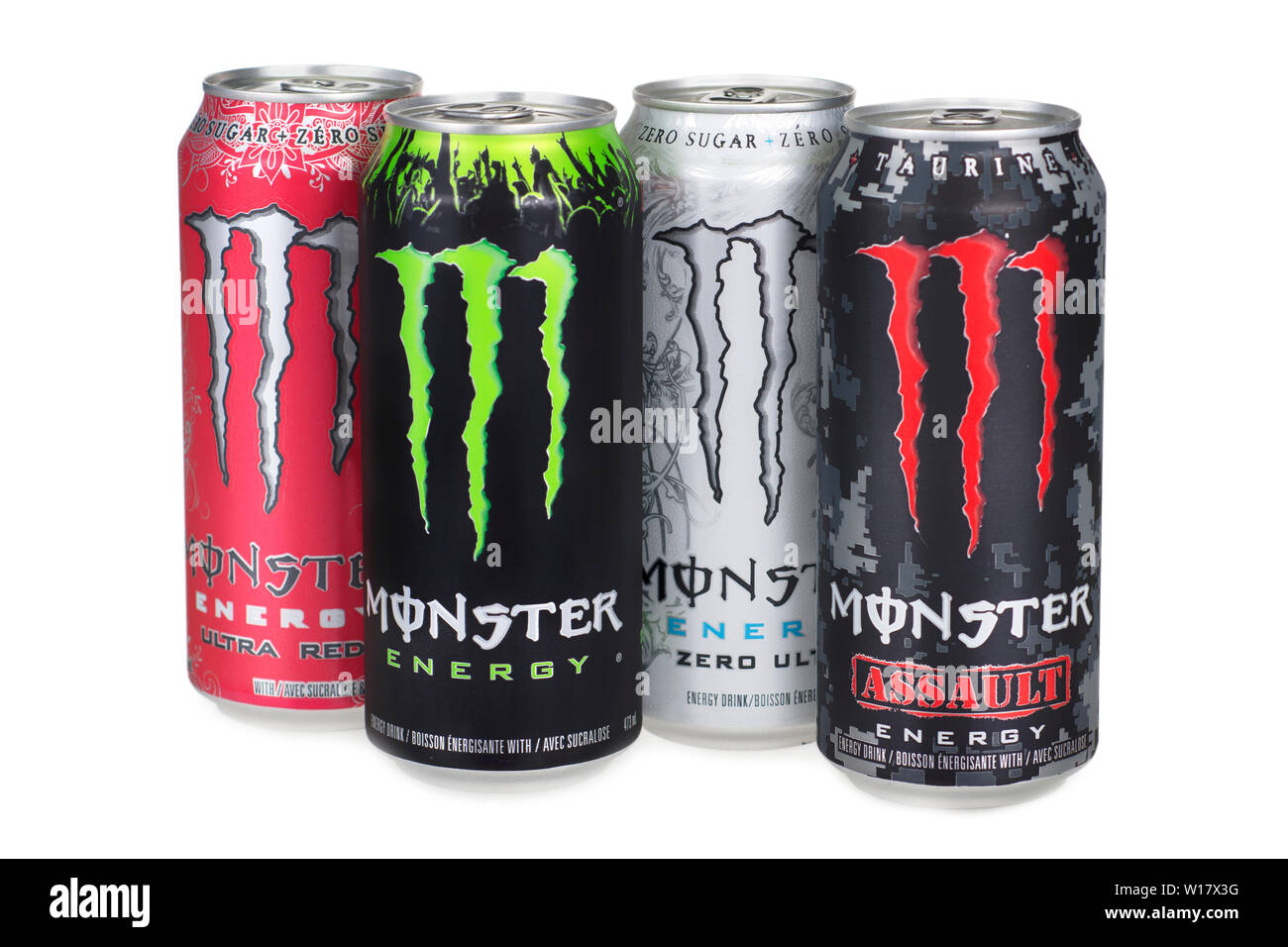 Monster Energy Drink Dosen Stockfoto