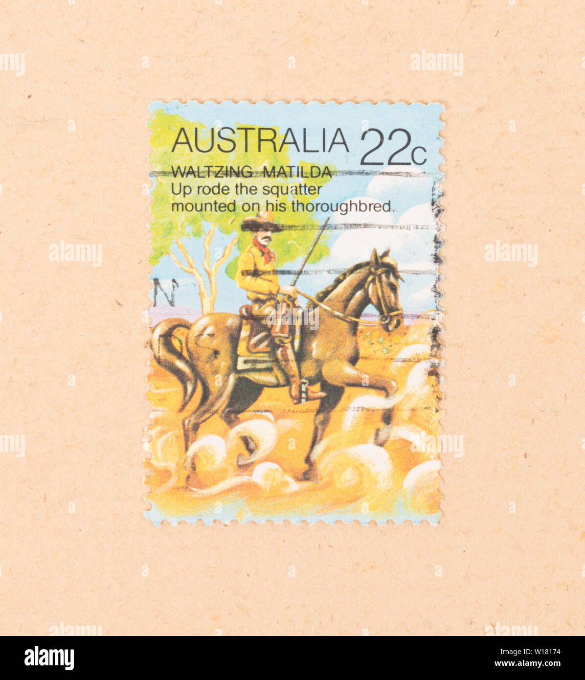 Australien - ca. 1980: einen Stempel in Australien gedruckten zeigt eine Szene von Waltzing Matilda, ca. 1980 Stockfoto