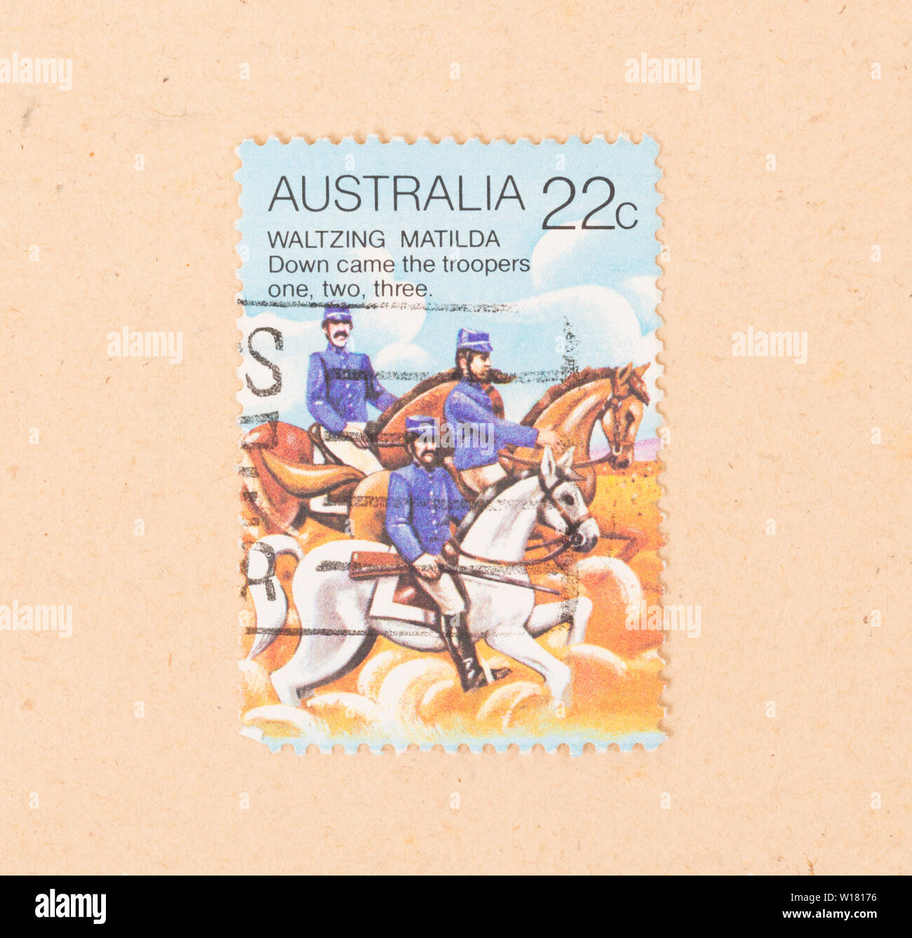 Australien - ca. 1980: einen Stempel in Australien gedruckten zeigt eine Szene von Waltzing Matilda, ca. 1980 Stockfoto