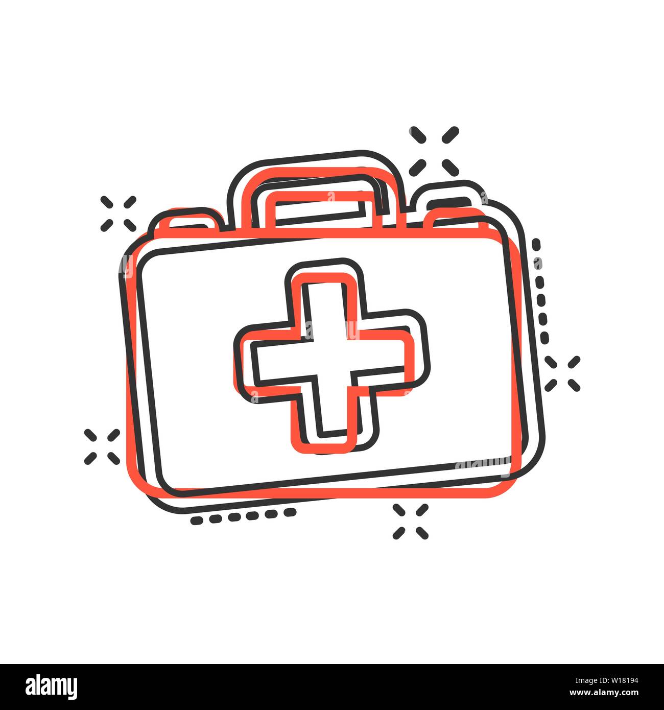 Erste-Hilfe-Symbol im Comic-stil. Gesundheit, Hilfe und medizinische Diagnostik vektor Cartoon Illustration auf weißem Hintergrund isoliert. Arzt Tasche Business Stock Vektor