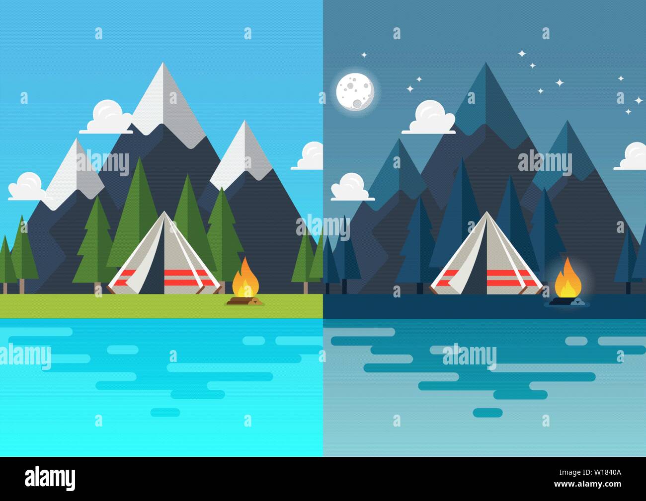 Camping Zelt mit Landschaft bei Tag und bei Nacht. Vector Illustration Stock Vektor