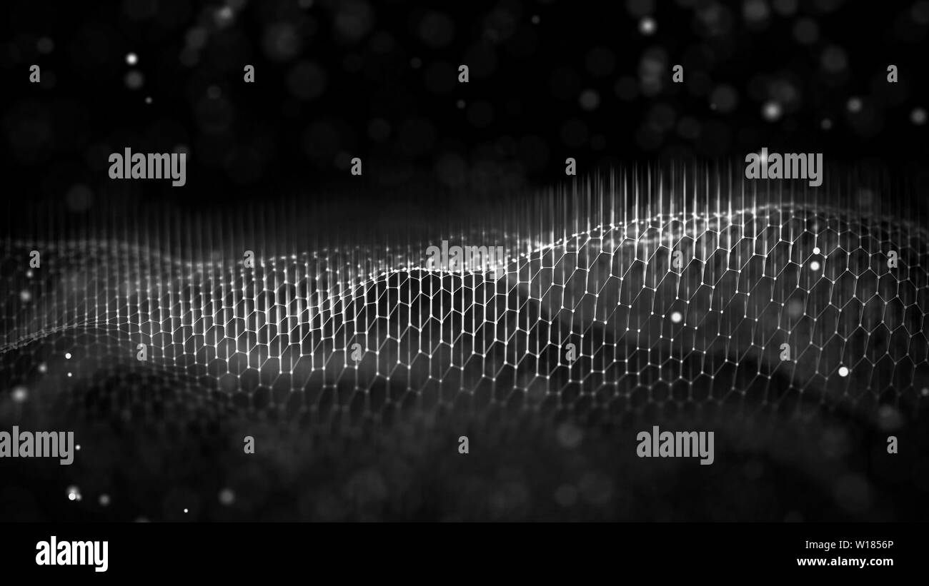Netzwerkverbindung Konzept schwarzer Hintergrund Abbildung. Futuristische hexagon Perspektive Weitwinkel Landschaft. Futuristische Wabe Konzept. 3d Stockfoto