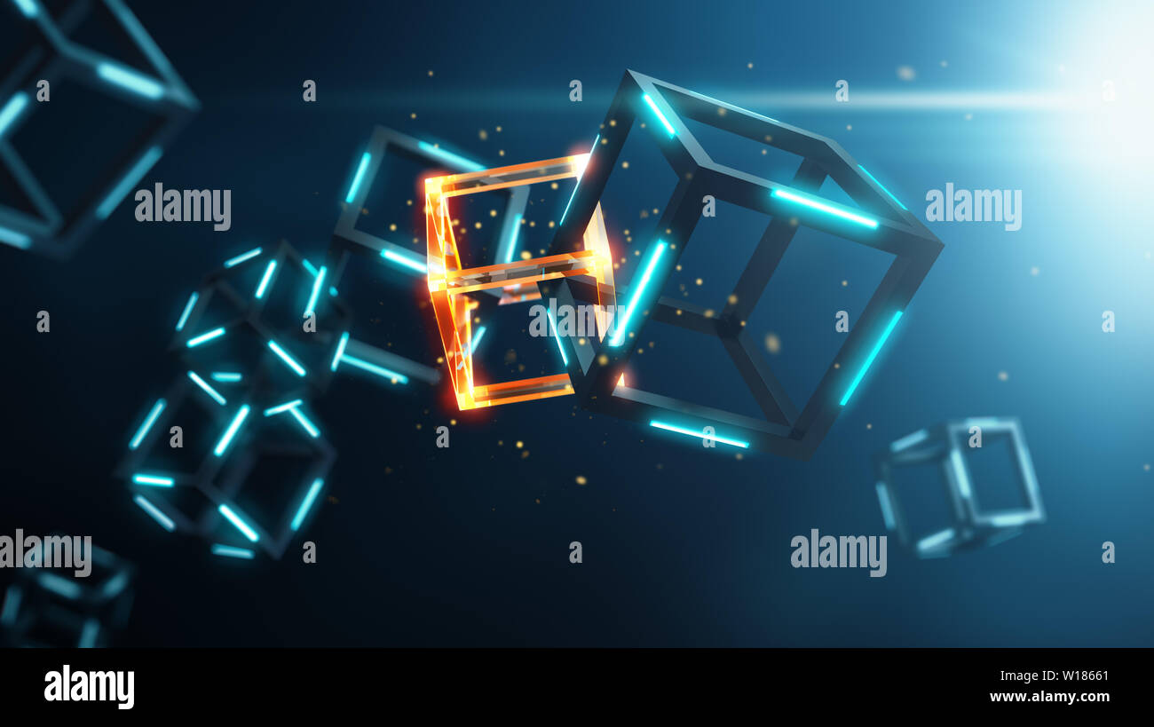 Blockchain Technologie auf blauem Hintergrund - 3D-Rendering Stockfoto
