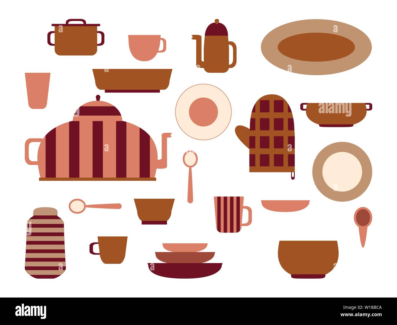 Sammlung von Küchenutensilien und Geschirr Set an Küchen Utensilien für Küche und Gerichte für Tee oder Kaffee trinken Flachbild Vector Illustration Stock Vektor