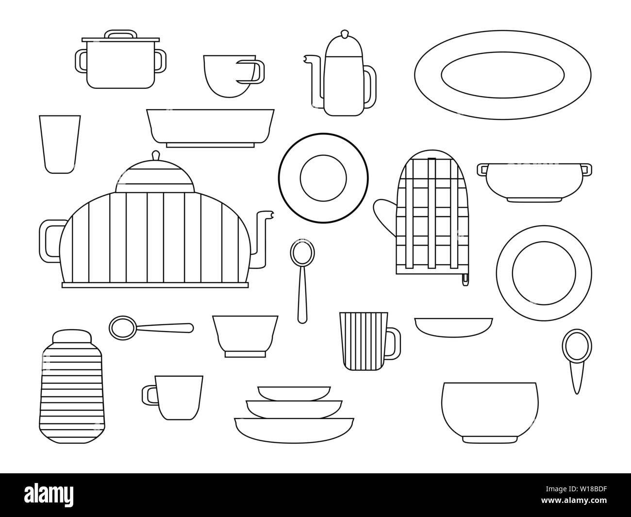 Sammlung von Küchenutensilien und Geschirr Set an Küchen Utensilien für Küche und Gerichte für Tee oder Kaffee trinken Flachbild Vector Illustration, outli Stock Vektor