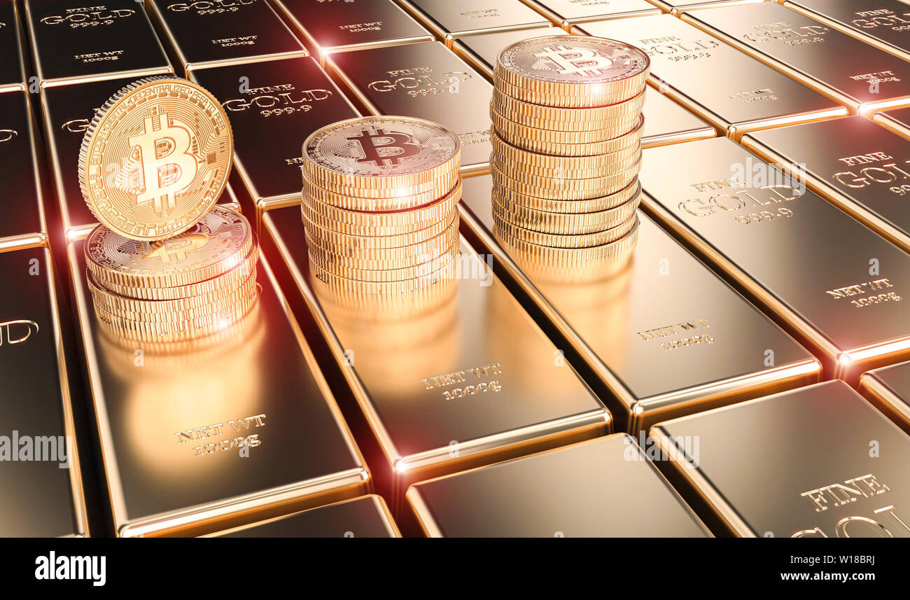 3D-Bild rendern von bitcoin Münzen auf Gold Bars, Konzept der crypto Währung. Stockfoto