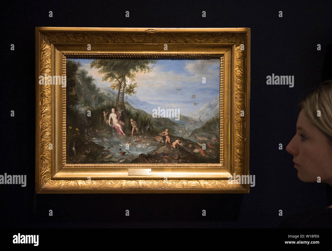 Bonhams, London, UK. 1. Juli 2019. Vier Öl auf Kupfer Panels von Jan Brueghel der Jüngere (1601-1678) Die Alte Gemälde Verkauf führt. Die vier Elemente: eine Allegorie der Erde; eine Allegorie des Wassers; eine Allegorie der Luft; und eine Allegorie des Feuers wurden auf wundersame Weise auch ein Quartett für fast 400 Jahre, schätzen von £ 800,000-1, 200.000 erhalten. Credit: Malcolm Park/Alamy Leben Nachrichten. Stockfoto