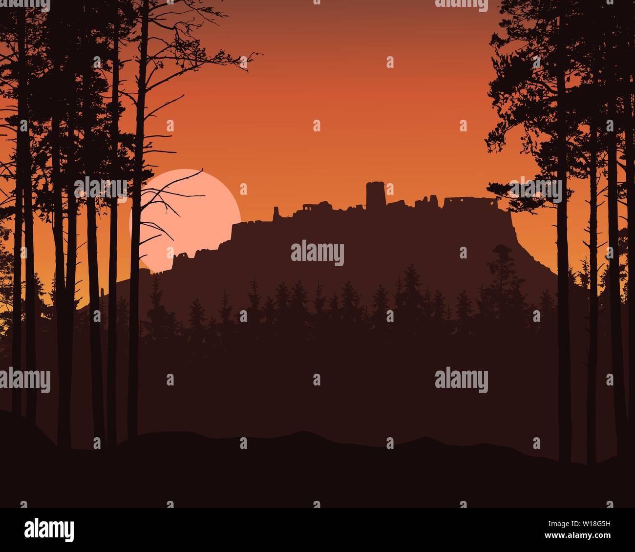 Realistische Darstellung der Berglandschaft mit nadelwald und die Ruinen der alten Burg auf dem Hügel. Steigende oder Einstellung der Sonne oder Mond auf Red Sky-Vektor Stock Vektor