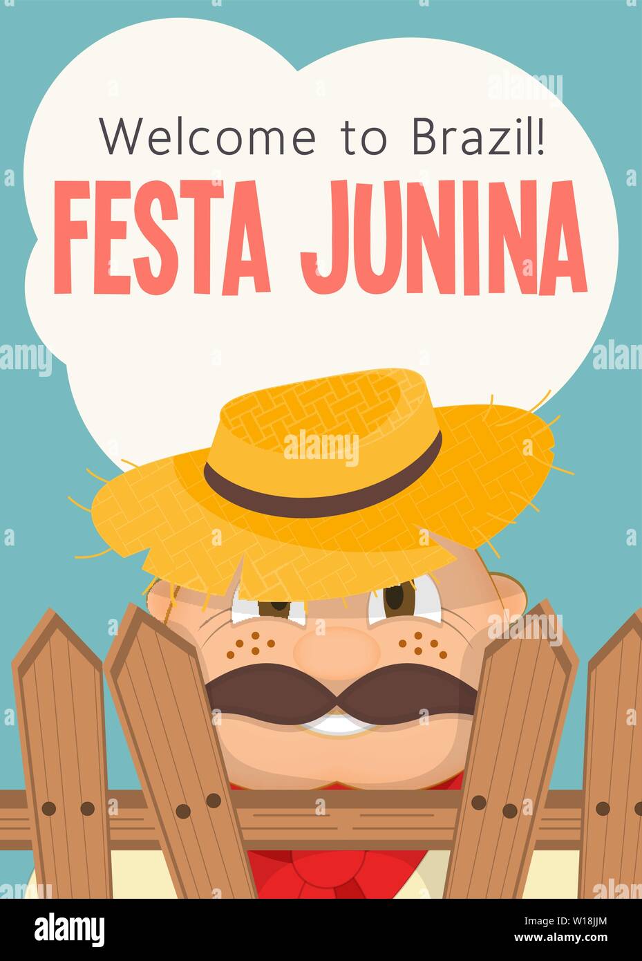 Festa Junina - Brasilien Juni Festival. Plakat für Folklore Urlaub. Lustiges Hick in Stroh Hut. Vector Illustration. Stock Vektor