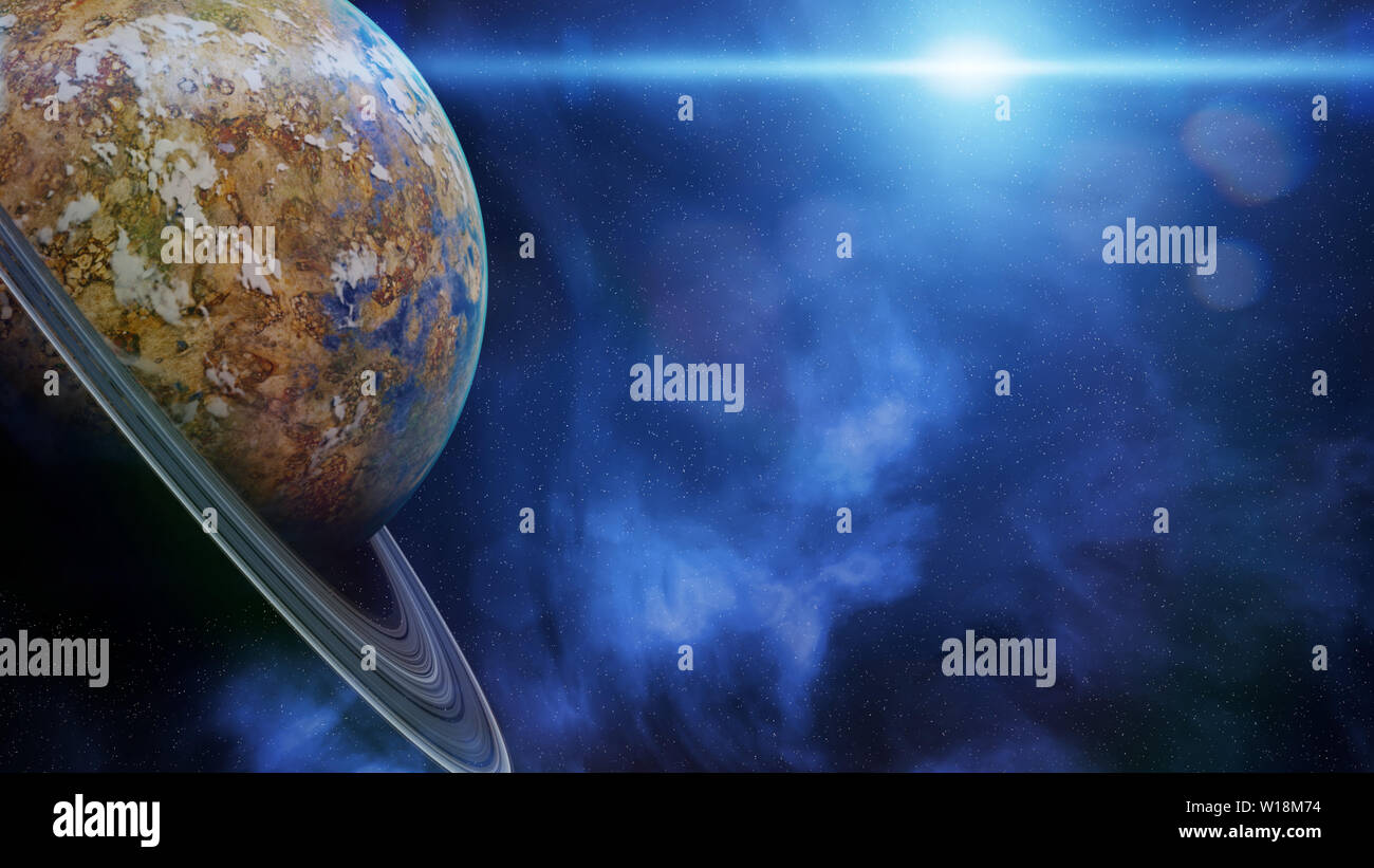 Schönen Fremden Planeten mit ring System, exotische außerirdischen Welt Stockfoto
