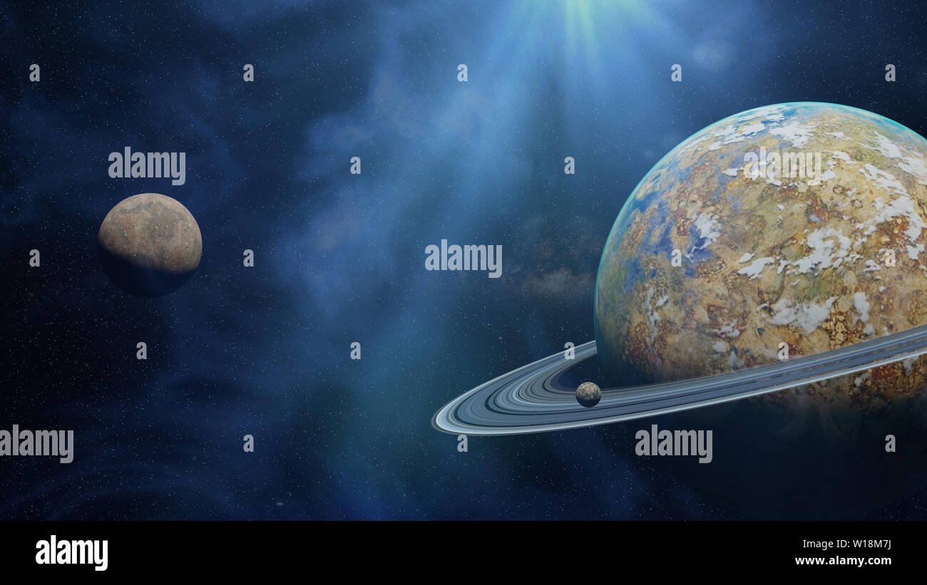 Schönen Fremden Planeten mit ring System, exotische außerirdische Welt mit Monde (3D-Rendering) Stockfoto