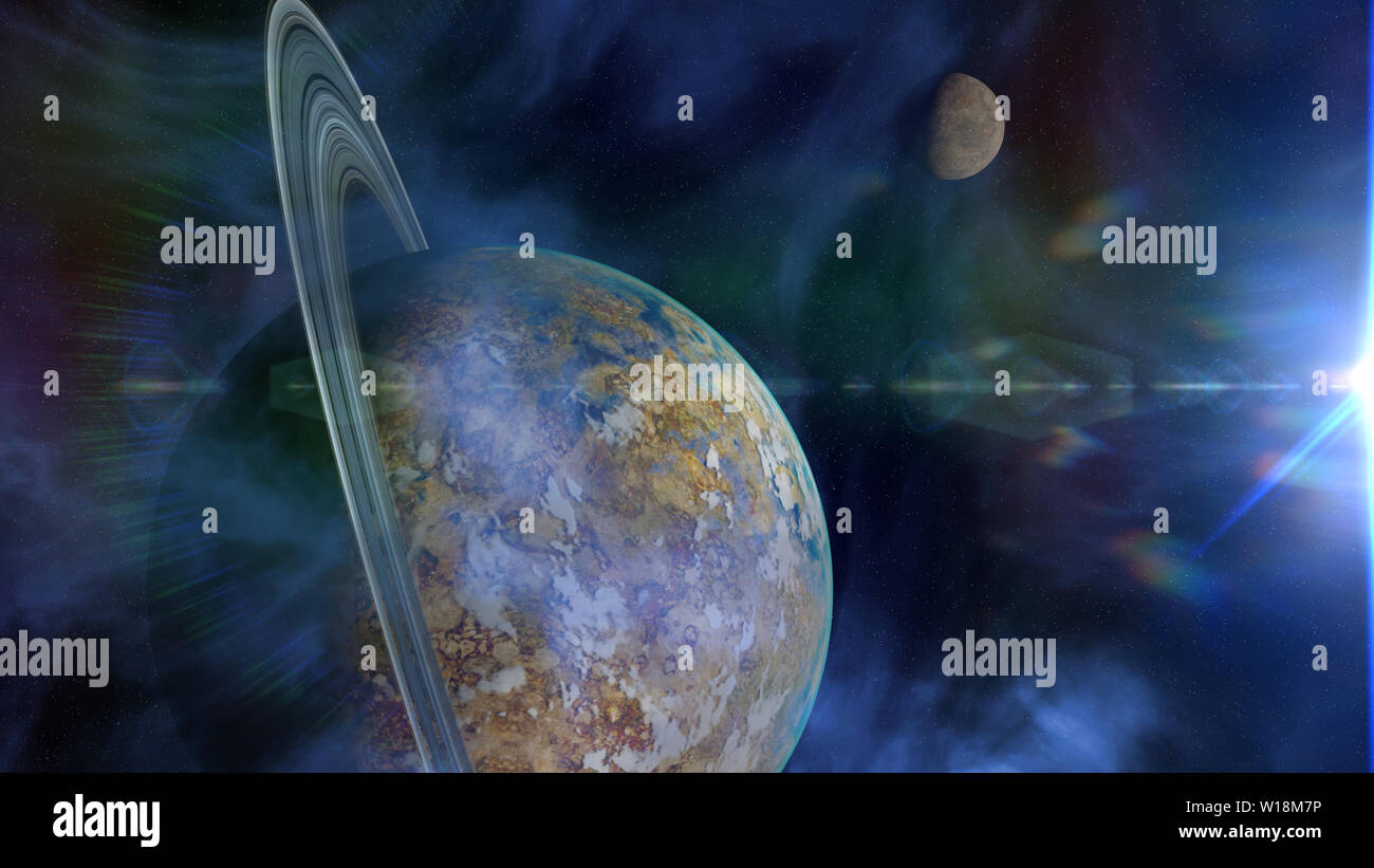Schönen Fremden Planeten mit ring System, exotische außerirdische Welt mit Monde (3d-Abbildung) Stockfoto