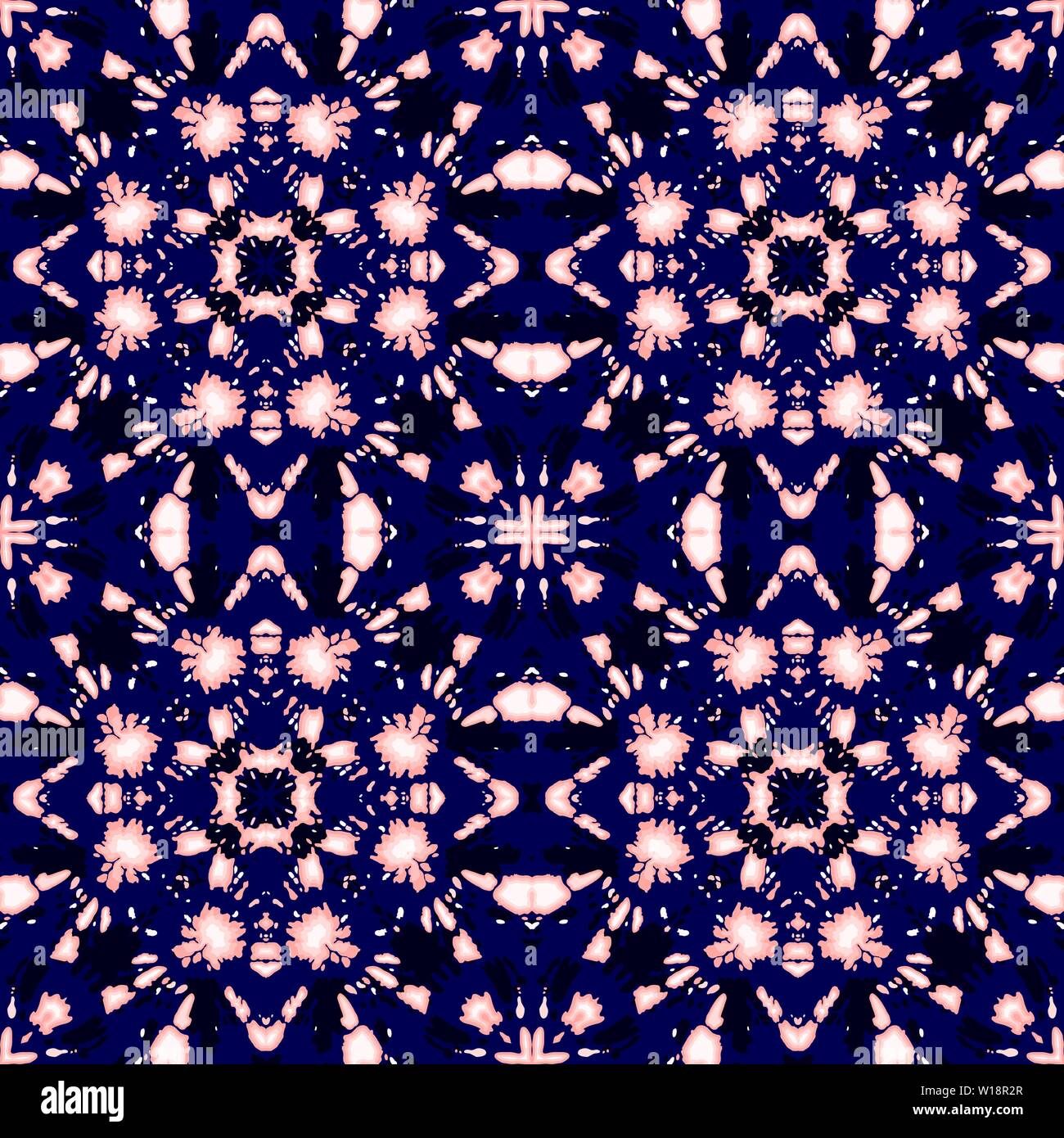 Abstrakte vertikal gespiegelt Coral Tie-Dye Shibori Kaleidoskop Quadrate auf Dark Indigo Backrgound Vektor nahtlose Muster. Perfekt für den Frühling/Sommer Tex Stock Vektor