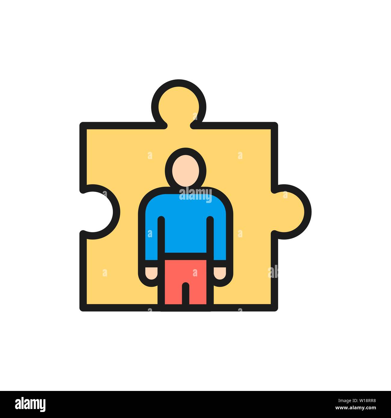 Vektor Mann in ein Puzzle, Rekrutierung und Einstellung von flachen Farbe Symbol Leitung. Stock Vektor