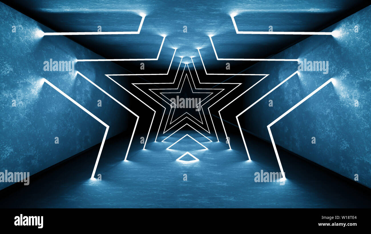 Night Club Deckenleuchte 3D-Render für Laser show. Leuchtende Linien. Abstrakte fluoreszierenden Hintergrund. Neon zimmer Flur Hintergrund. Licht abstrakt Stockfoto