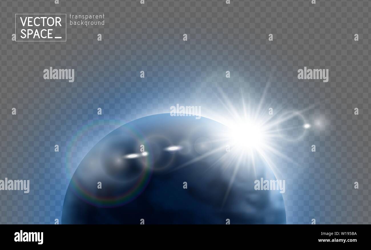Vektor der Planet Erde mit sunrise Lens Flare im Raum auf transparentem Hintergrund isoliert. Blauer Globus Abbildung. Sciense Astronomie design Element. Stock Vektor