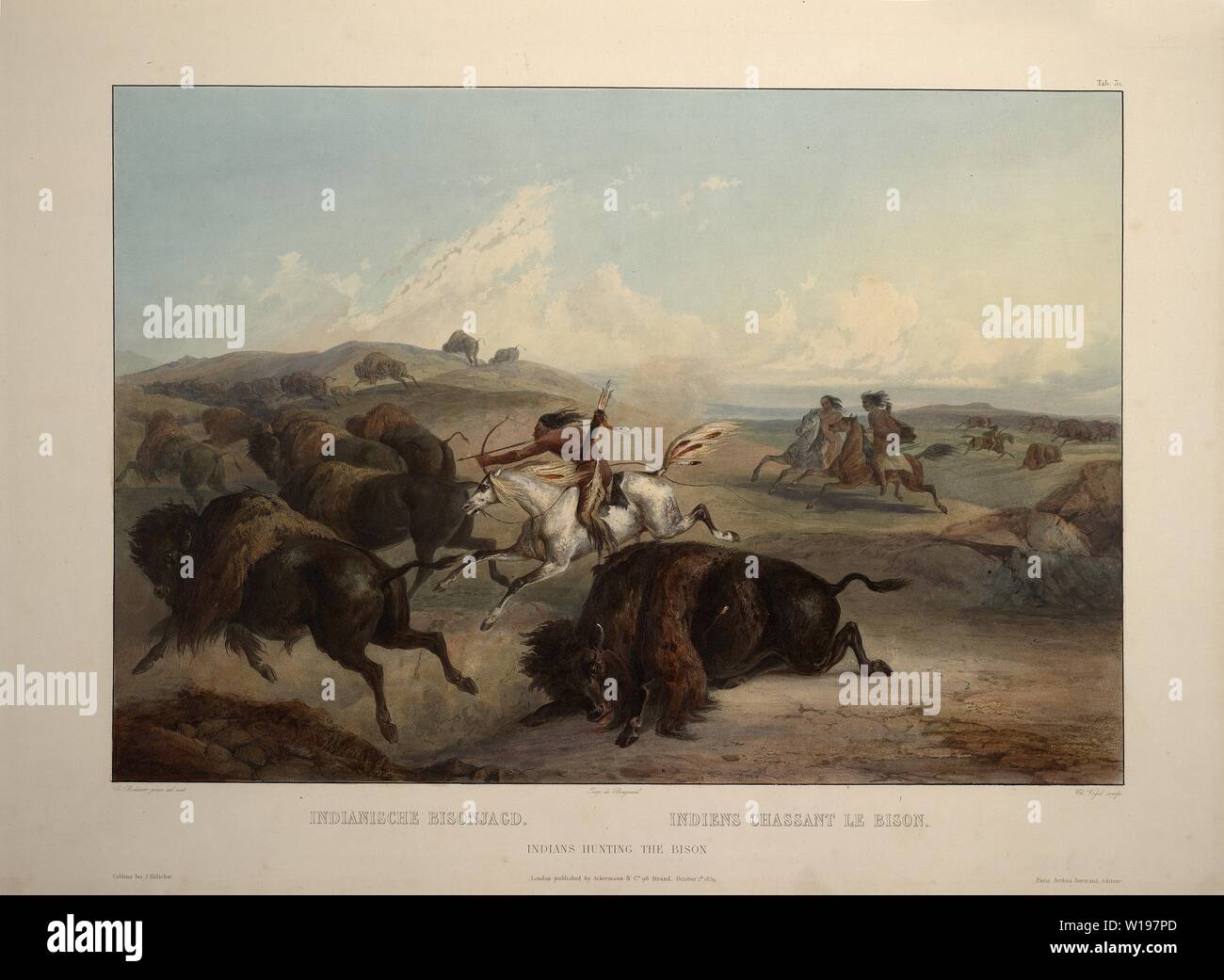 Indianer Jagd der Bison - Karl Bodmer Aquatinta von Reisen in das Innere von Nordamerika (Voyage dans l'Intérieur de l'In du Nord) Stockfoto