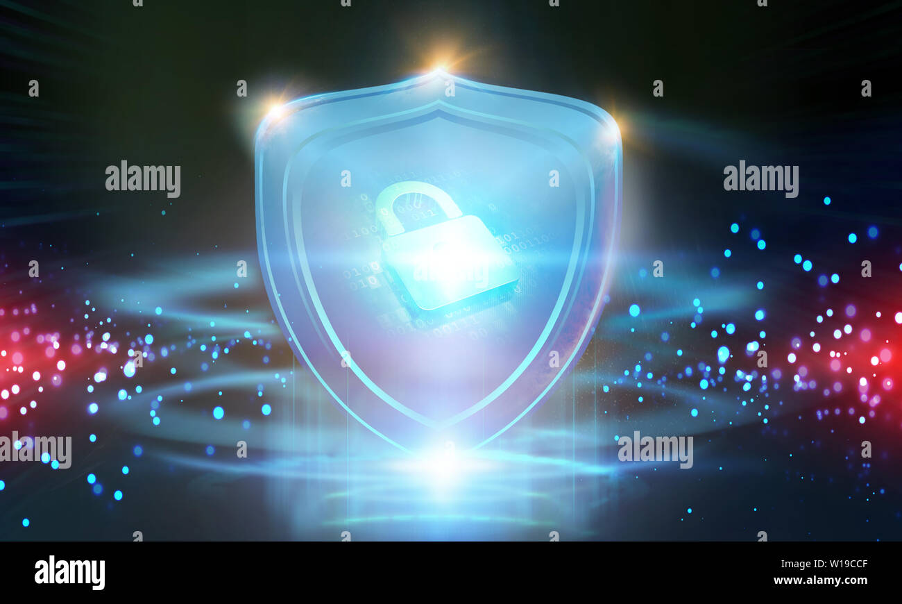 Cyber Security Konzept. Geschlossenes Vorhängeschloss auf digitalen Hintergrund. Stockfoto