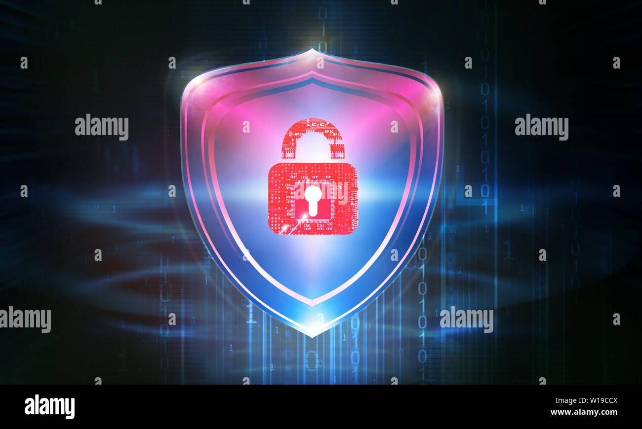 Cyber Security Konzept. Geschlossenes Vorhängeschloss auf digitalen Hintergrund. Stockfoto