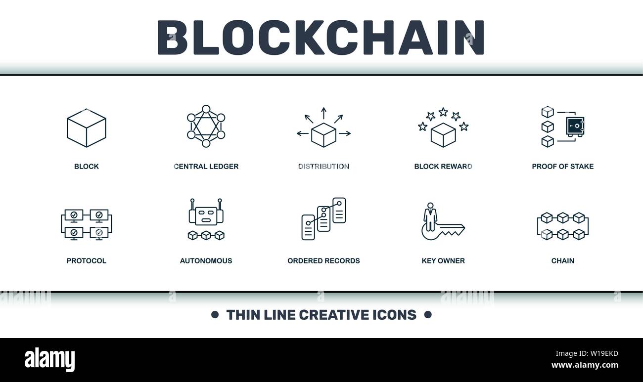 Blockchain eingestellt icons Collection. Enthält einfache Elemente wie Block, zentralen Hauptbuch, Verteilung, Block belohnen, Nachweis der Beteiligung, autonomen und Stock Vektor