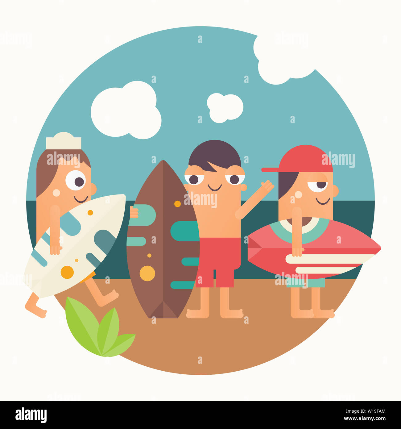 Surfen Poster. Lustige Cartoon Surfer mit Surfbrett am Strand. Vector Illustration. Retro Design. Emblem für Surf Club, Website oder Online Shop von S Stockfoto