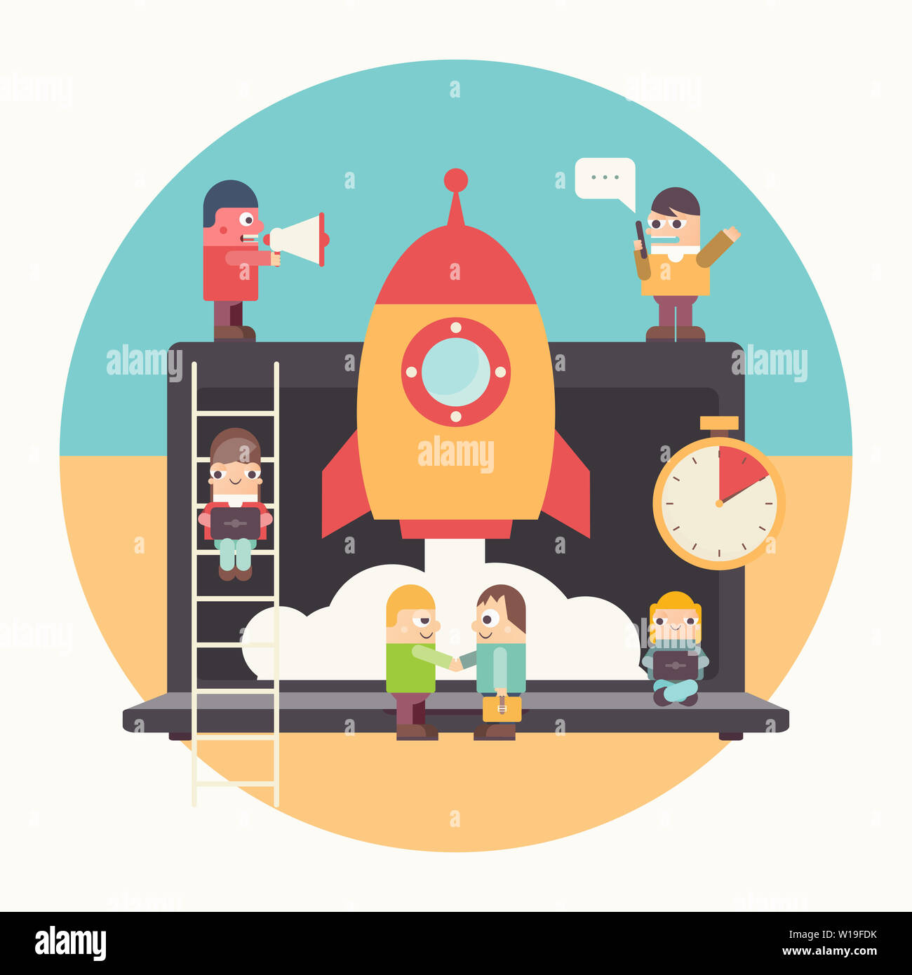 Business Startup. Cartoon Männer haben eine Idee. Kohäsive Teamarbeit im Anlauf. Vector Illustration für Webseite, Banner, Social Media und Landing Page. Stockfoto