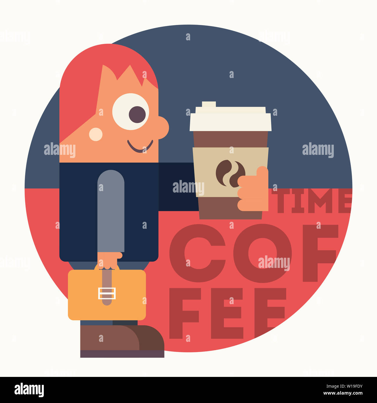 Cartoon Mann mit Kaffee. Flache Plakat Vorlage im Retro Design. Kaffee Mitnehmen Konzept. Vector Illustration. Stockfoto