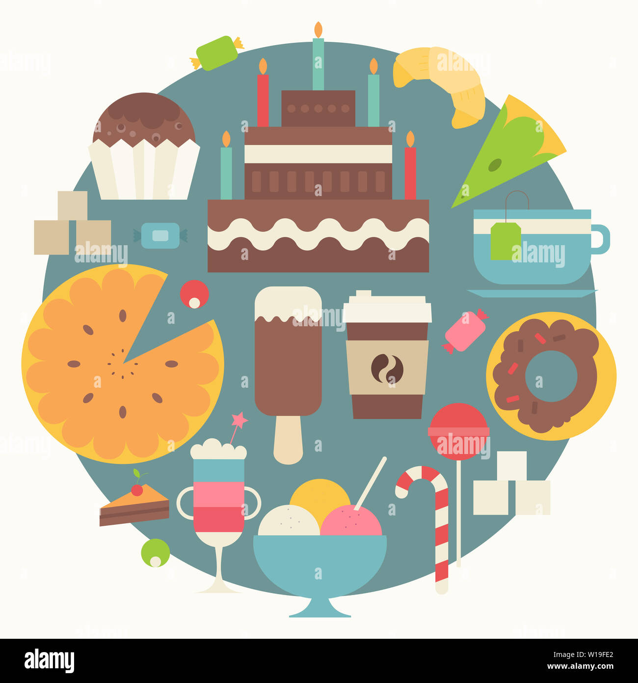 Sammlung von Süßigkeiten im flachen Stil. Süßigkeiten, Kuchen, Krapfen, Eis, Croissant, großen Kuchen, Kaffee auf blauen Kreis Hintergrund. Vector Illustration. Re Stockfoto