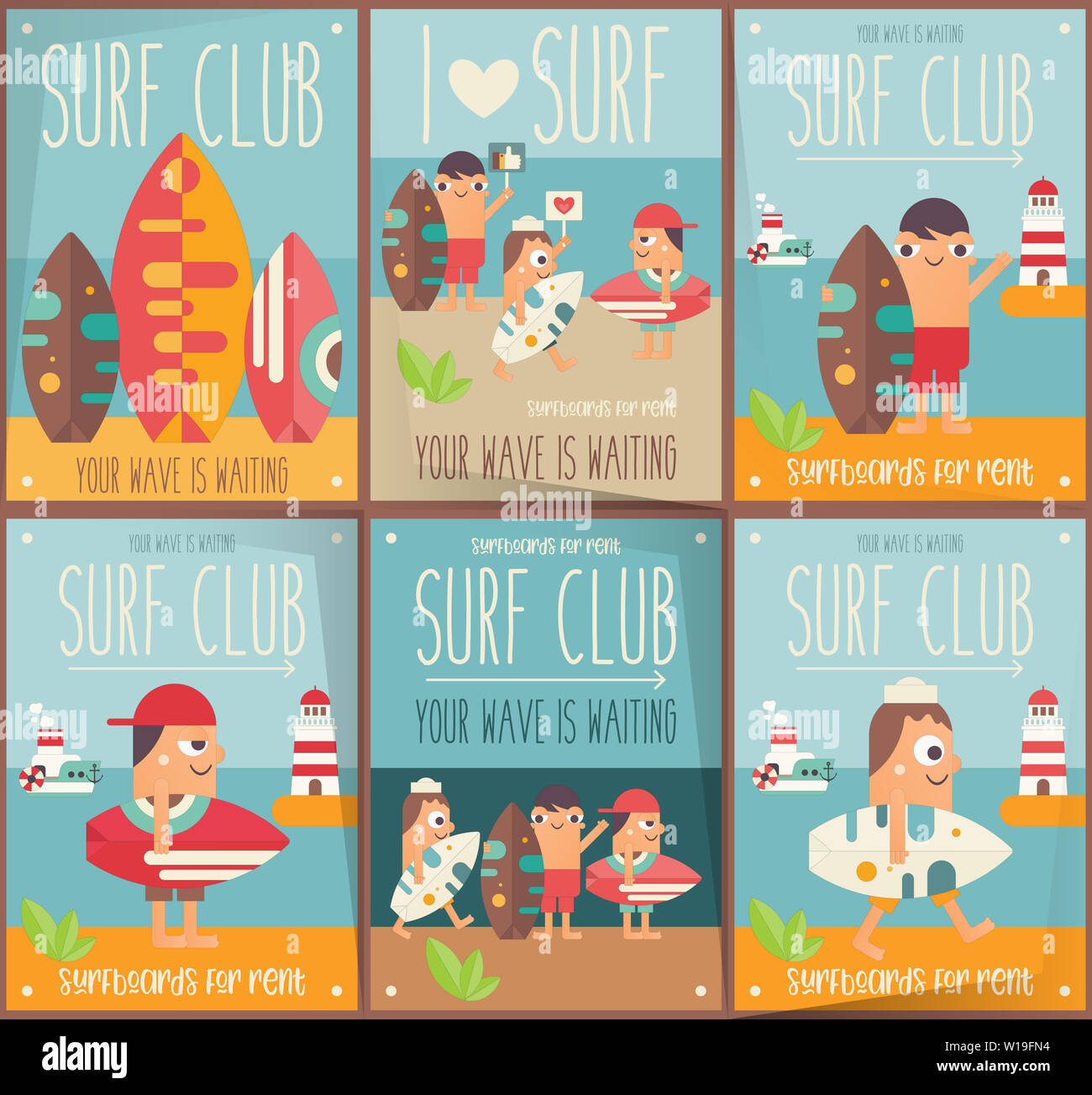 Surfen Poster. Lustige Cartoon Surfer mit Surfbrett am Strand entlang zu laufen. Vector Illustration. Retro Design. Plakat für das Surfen Club, Website oder Stockfoto