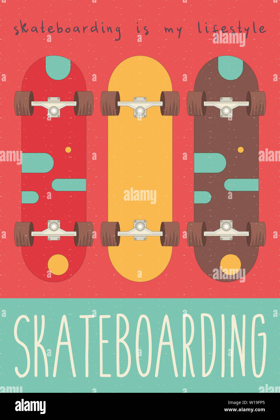 Skateboard Decks auf Retro Poster. Vector Illustration. Plakat für Skateboarding Club. Flat Style. Stockfoto