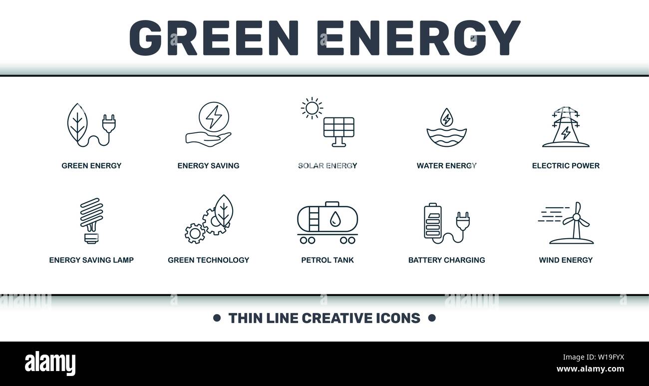 Power und Energie Symbole dünne Linie Set Sammlung. Enthält kreative Elemente wie Energie, Energieeinsparung, Sonnenenergie, Wasserenergie, Grün Stock Vektor