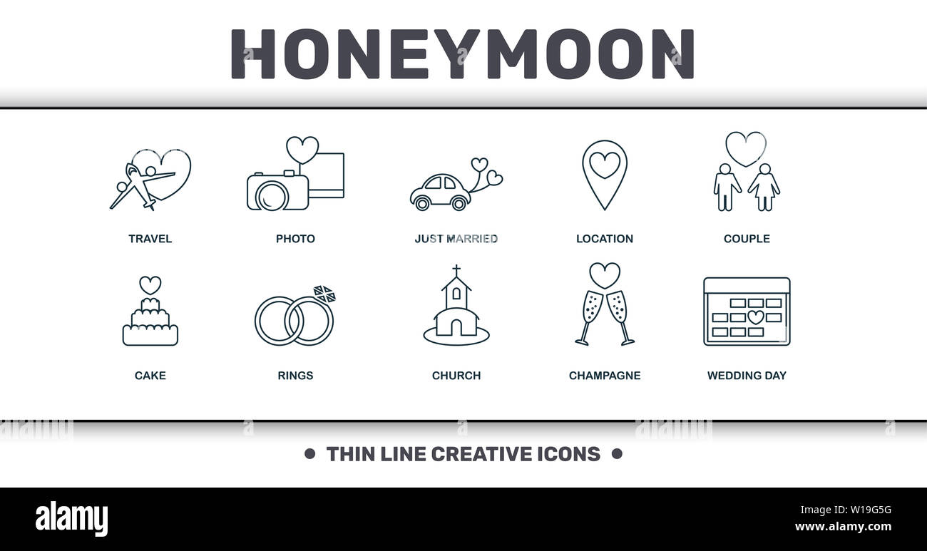 Honeymoon Icons Thin Line Set Kollektion. Enthält kreative Elemente wie Reisen, Foto, Just Married, Standort, Paar, Euphile Tower und Kirche Stockfoto