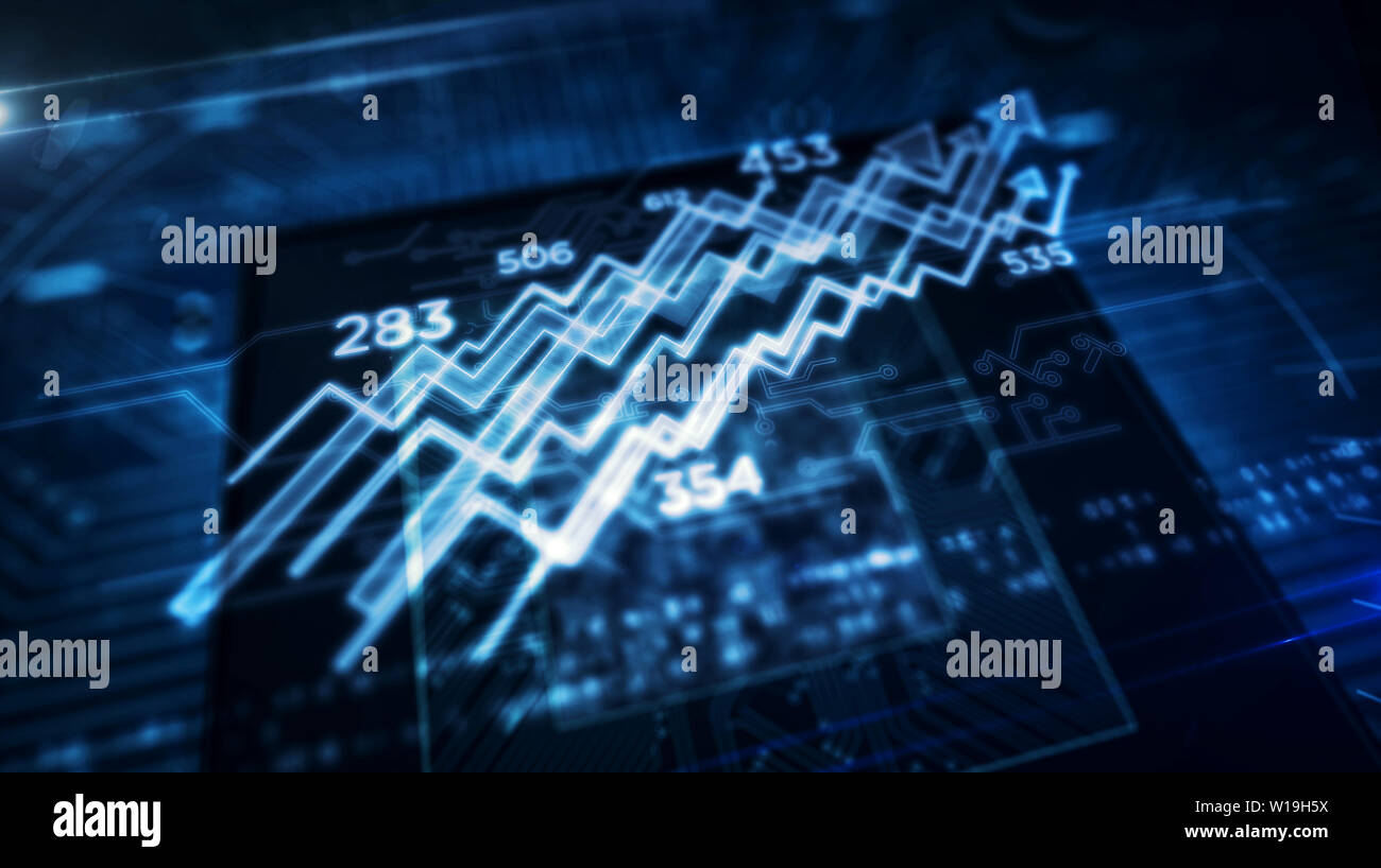 Cyber Geschäft mit Aktien Chart und Pfeile Hologramm über cpu im Hintergrund. Konzept der Markt, Finanzen, Wirtschaft, Handel, Geld und digitalen Markt. Futu Stockfoto