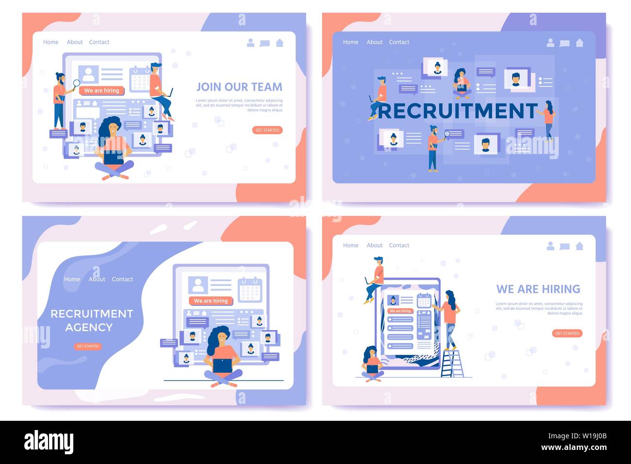 Recruitment Agency, Konzept mit Zeichen für soziale Medien, Dokumente, Mitarbeiter,, Webbanner, Infografiken, Landing Page. Satz von Illustrationen Stock Vektor
