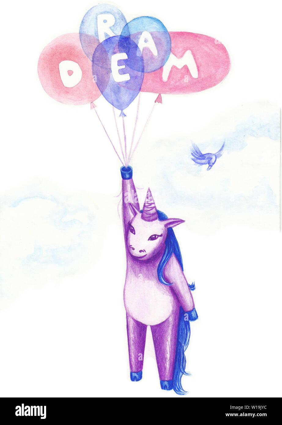 Einhorn fliegen auf Luftballons. Das Wort 'Dream' ist von Kugeln getroffen. In der Nähe fliegende Ente beobachten. Aquarell Abbildung mit Buntstiften isoliert auf ein Stockfoto