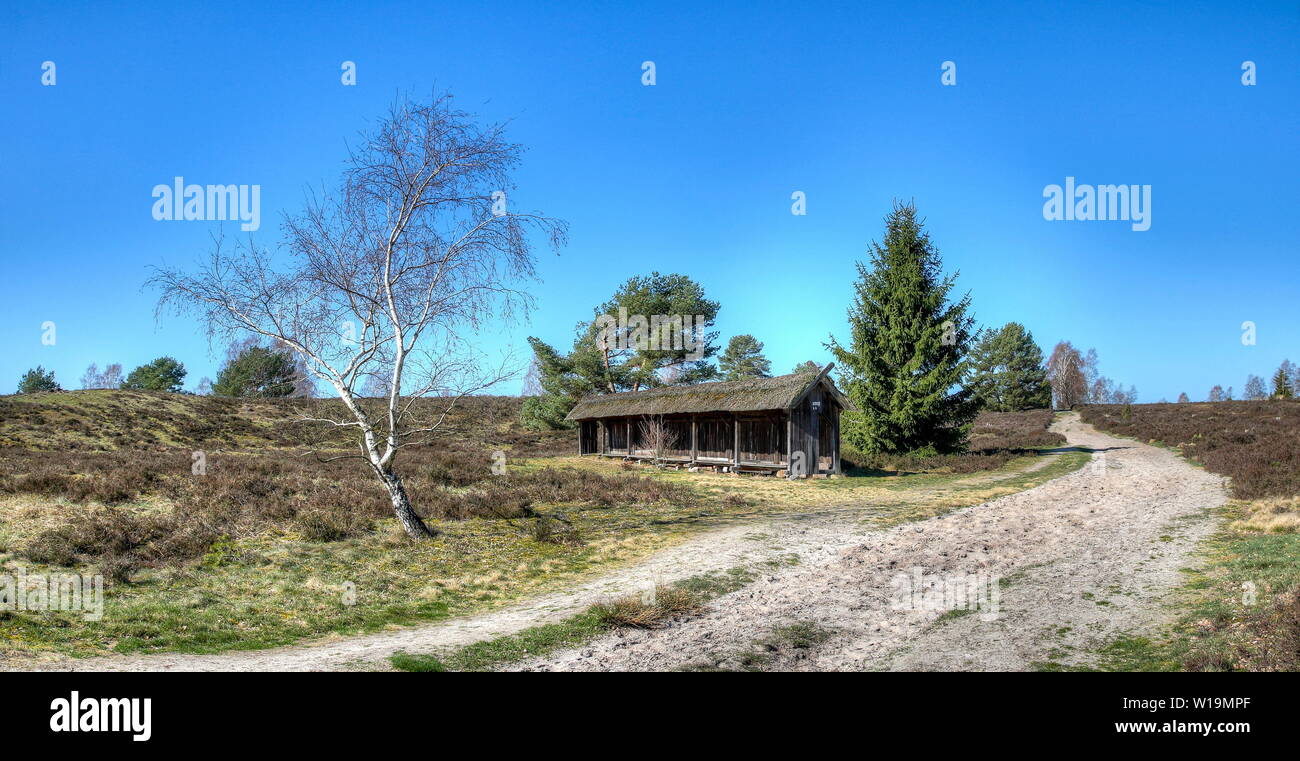 Wieder und wieder auf die Art und Weise, wie sie in der Lüneburger Heide sehen können so genannte Biene Zäune. Stockfoto