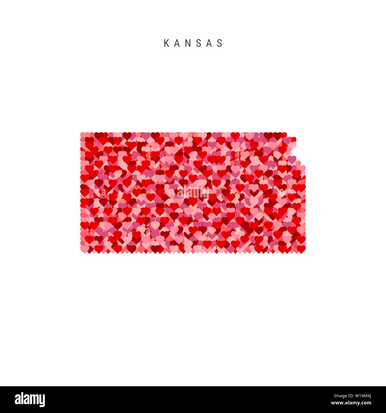 Ich liebe Kansas. Rot und rosa Herzen Muster vektorkarte von Kansas isoliert auf weißem Hintergrund. Stock Vektor