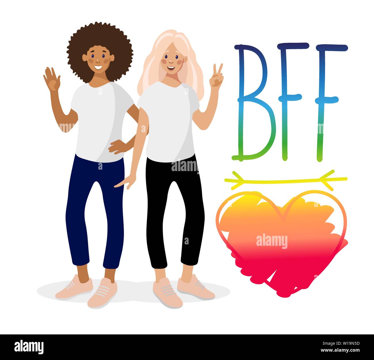 Zwei lächelnde Mädchen, Hand gezeichnet Phrase BFF und Herz auf weißem Hintergrund. Die besten Freunde sind afrikanische amerikanische und kaukasische Mädchen. Vector Illustration in flachen Cartoon-stil auf weißem Hintergrund. Stock Vektor