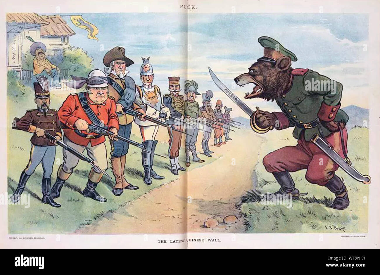 Die neuesten chinesischen Mauer ein 1901 Karikatur aus der Amerikanischen Satiremagazin Puck mit China an der westlichen Mächte durch den russischen Bären konfrontiert zu lachen. Stockfoto