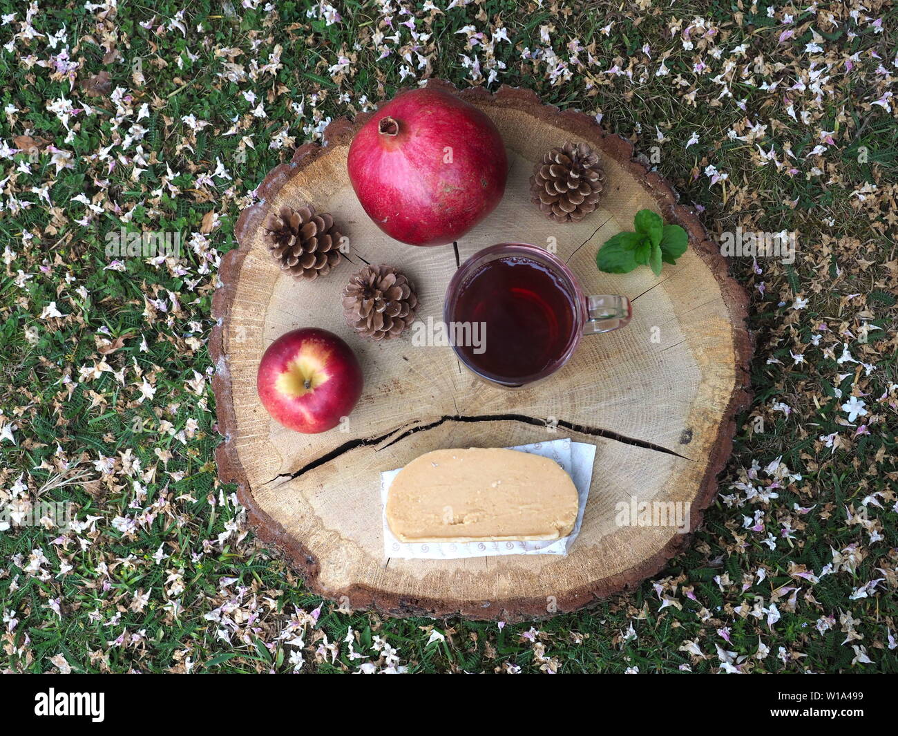 Juni 2019 - Ansicht von oben in eine Platte von Fudge und einer Tasse Tee auf einem Baumstamm mit einem Apfel, Granatapfel, Kiefernzapfen und Minze dekoriert. Stockfoto