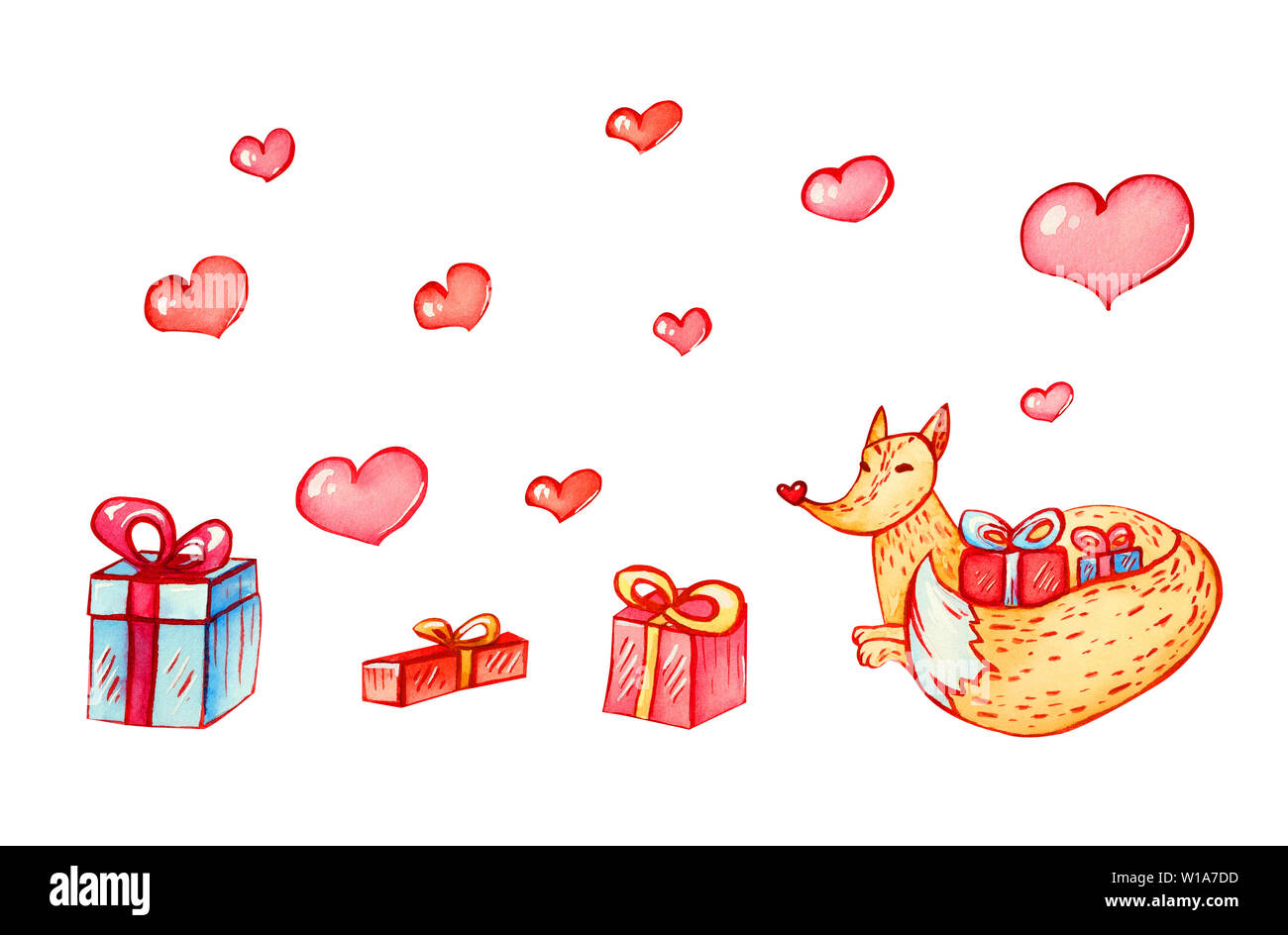 Aquarell festliche fox Umarmungen Geschenke Schwanz. Neues Jahr und Weihnachten Charakter mit roten und blauen Boxen mit Farbband und isolierten Herzen der Roten gebunden. Set für Stockfoto