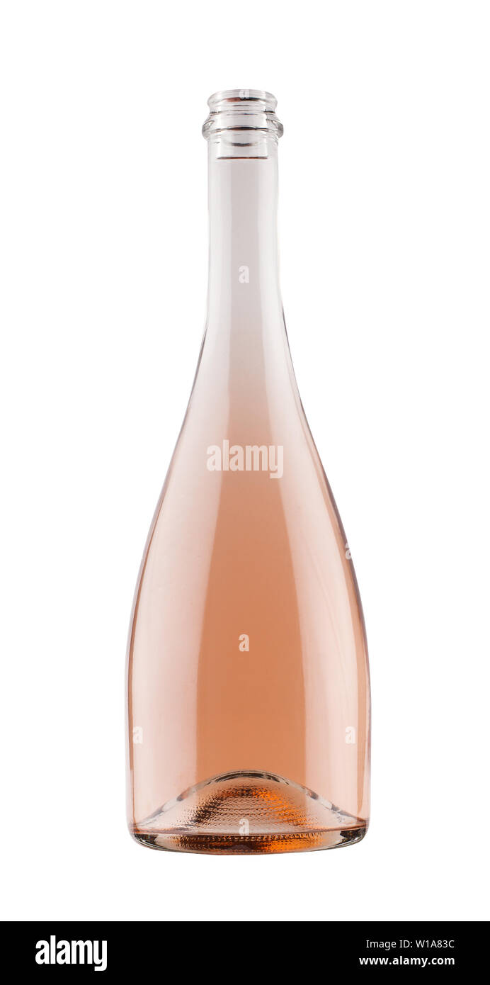 Vorderansicht in der Nähe von Rosa Champagner Flasche ohne Etikett auf weißem Hintergrund Stockfoto