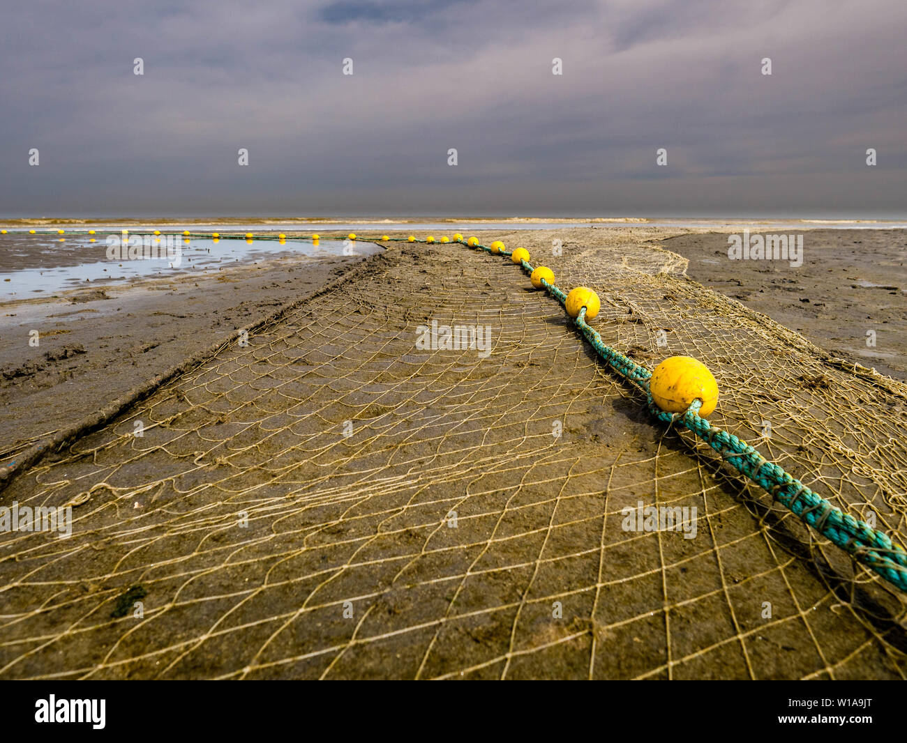 Fischnetz streckte am Strand zum Trocknen Stockfoto