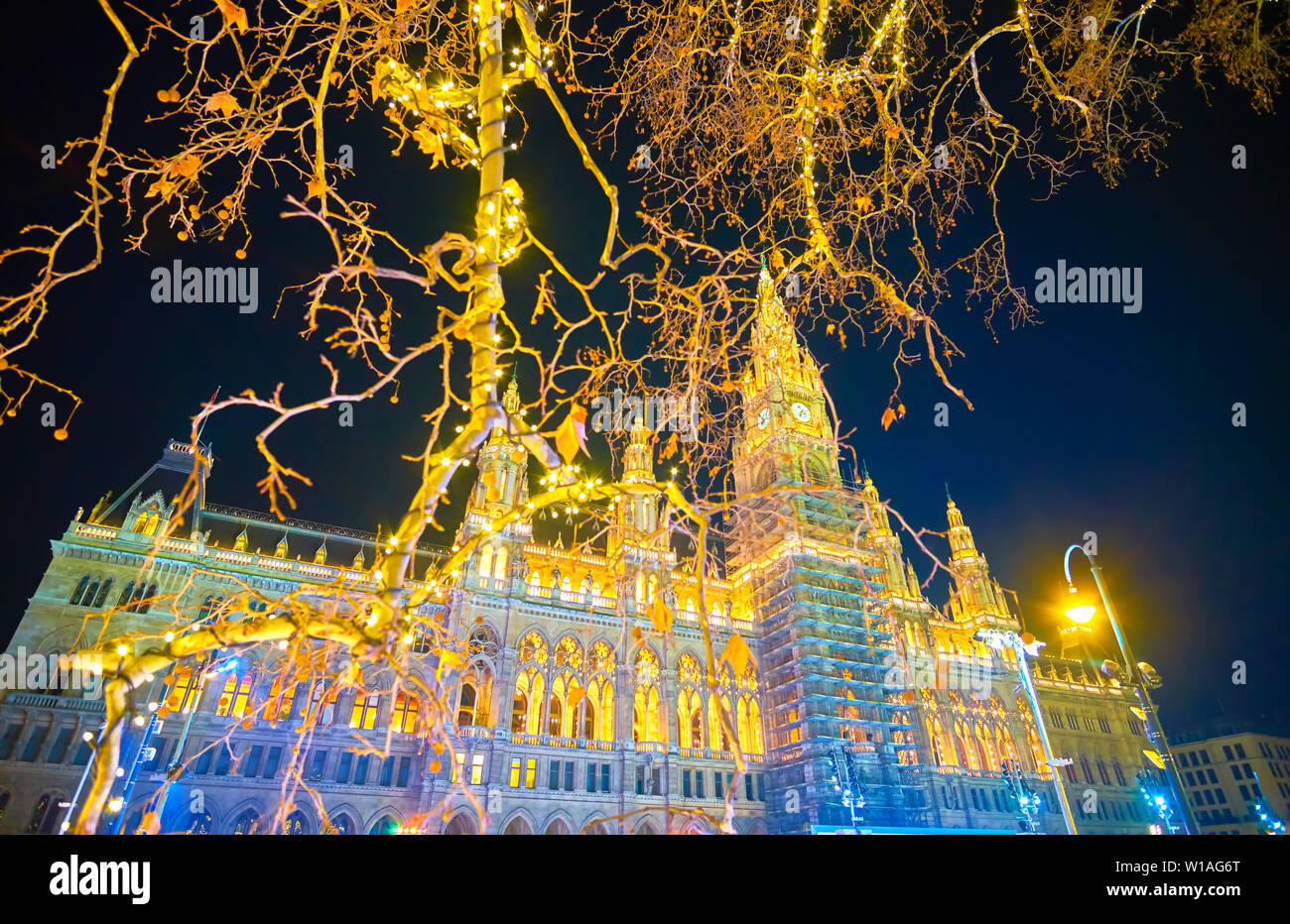 Der Blick auf die helle Ausleuchtung der Rathaus (City Hall) von Wien unter den Zweigen von Bäumen im Park, mit Feier Lampen, Wien, Österreich eingerichtet Stockfoto