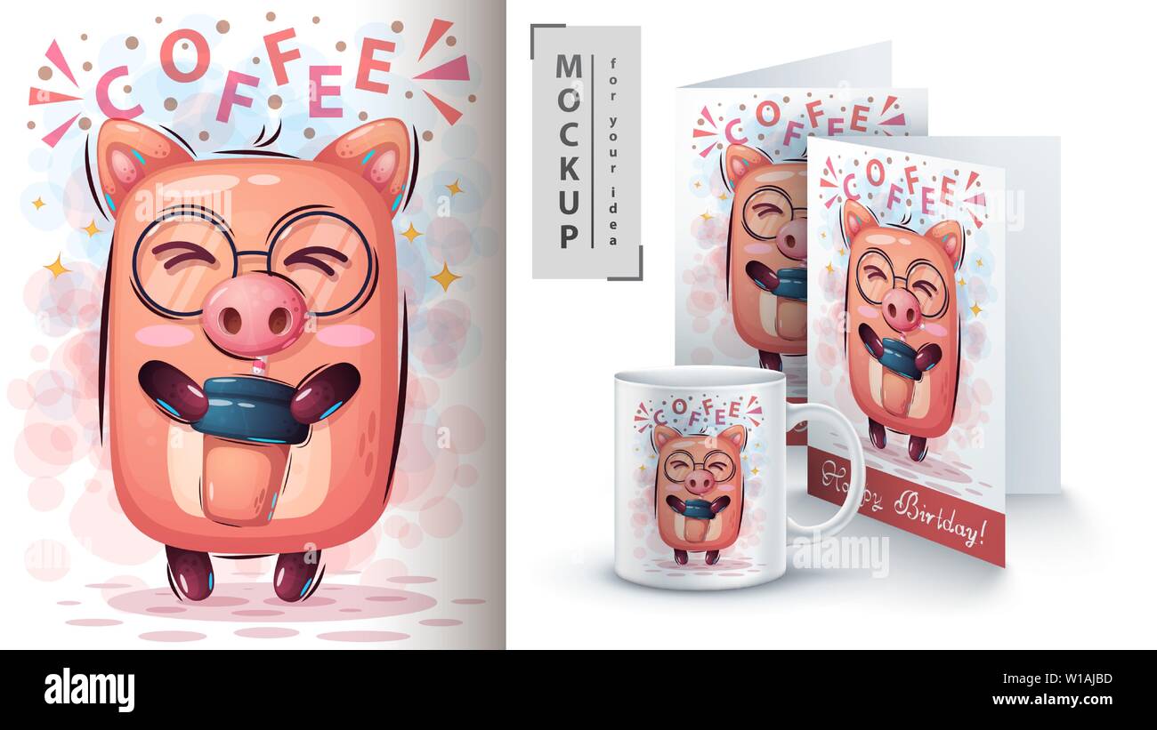 Schwein mit Kaffee - Mockup für Ihre Idee Stock Vektor