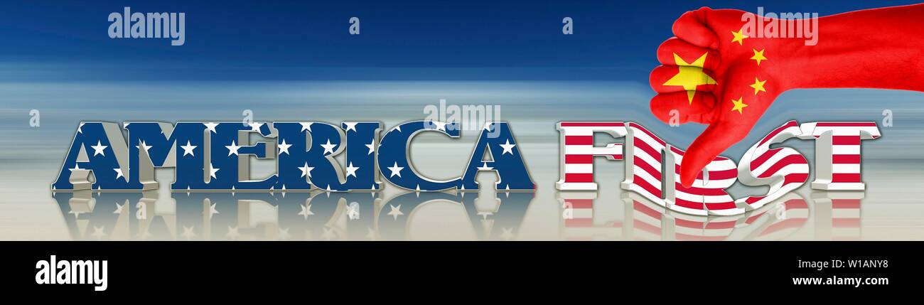 America first, roten Daumen mit chinesischen Flagge Pressen in der Schriftzug, wirtschaftlichen Krieg, Symbol Photo, USA Stockfoto