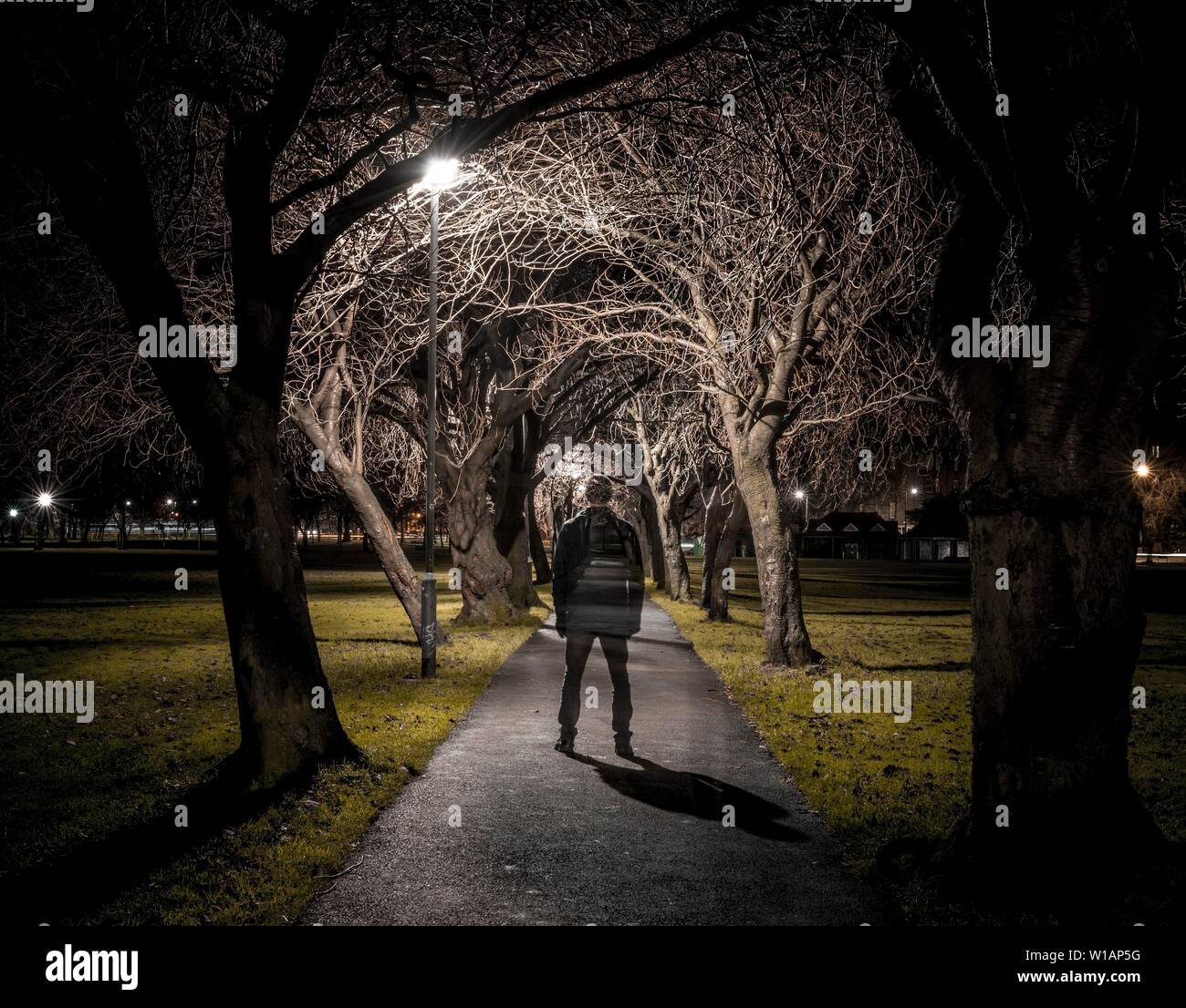 Geisterhafte Silhouette einer dunklen Person auf einen Pfad durch eine Allee an der Nacht, trübe Stimmung, Krönung Spaziergang im Meadows Park, Edinburgh, Schottland Stockfoto