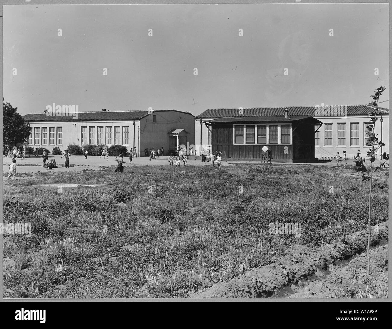 Flughafen Trakt, in der Nähe von Modesto, Stanislaus County, Kalifornien. Die Wilson Elementary School, eine neue scho. . .; Umfang und Inhalt: Die Bildunterschrift lautet wie folgt: Flughafen Trakt, in der Nähe von Modesto, Stanislaus County, Kalifornien. Die Wilson Elementary School, einer neuen Schule im Jahre 1934 gebaut, jetzt überfüllt, etwa drei Viertel der eine Meile vom Flughafen Trakt. Kinder aus zwei voneinander getrennten Abschnitten besuchen diese Schule, die vom Flughafen Trakt und die aus der Vorstadt Unterteilungen.... sozialen Gegensätze gibt es hier. 47 Prozent der gesamten Anmeldung dieser Schule ist es, Kinder aus Familien, die ha Stockfoto